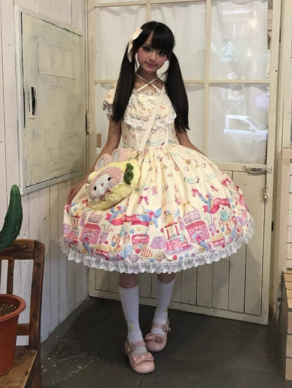 Yellow Halter Puff Sleeve Lolita OP Full Set with Dessert and Bird Print, Hairband, Baby Hat, Wrist Cuffs and Bow Hair Clip - Good Night Meow