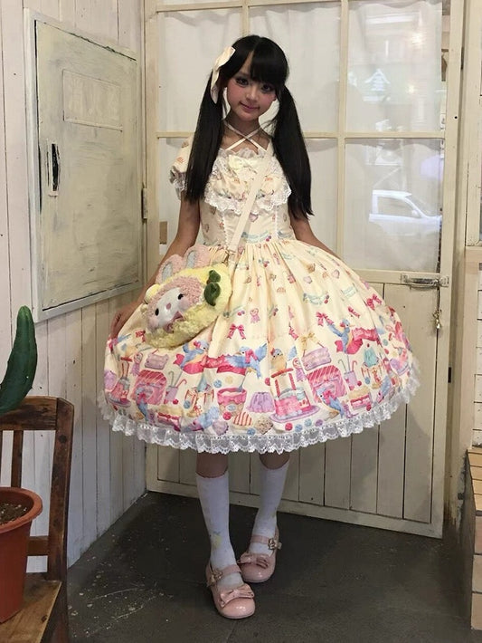 Yellow Halter Puff Sleeve Lolita OP Full Set with Dessert and Bird Print, Hairband, Baby Hat, Wrist Cuffs and Bow Hair Clip - Good Night Meow