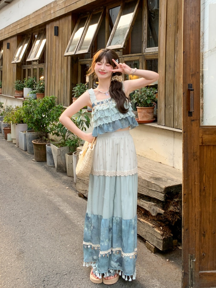 Blue Colorblock Design Tassel Hem Shell Charm Wide-Leg Holiday Pants