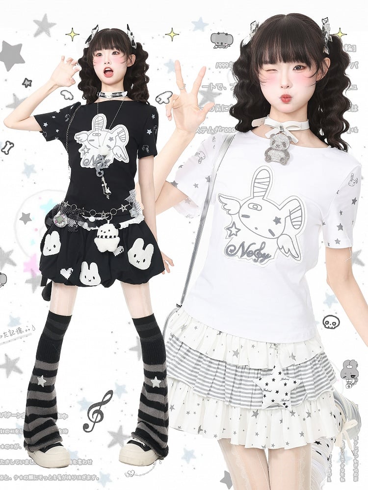 Otaku Style Black Star Tee with Bunny Patch