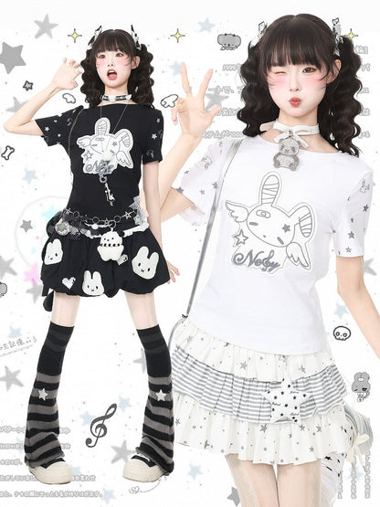 White Star Print Tee with Cute Bunny Applique