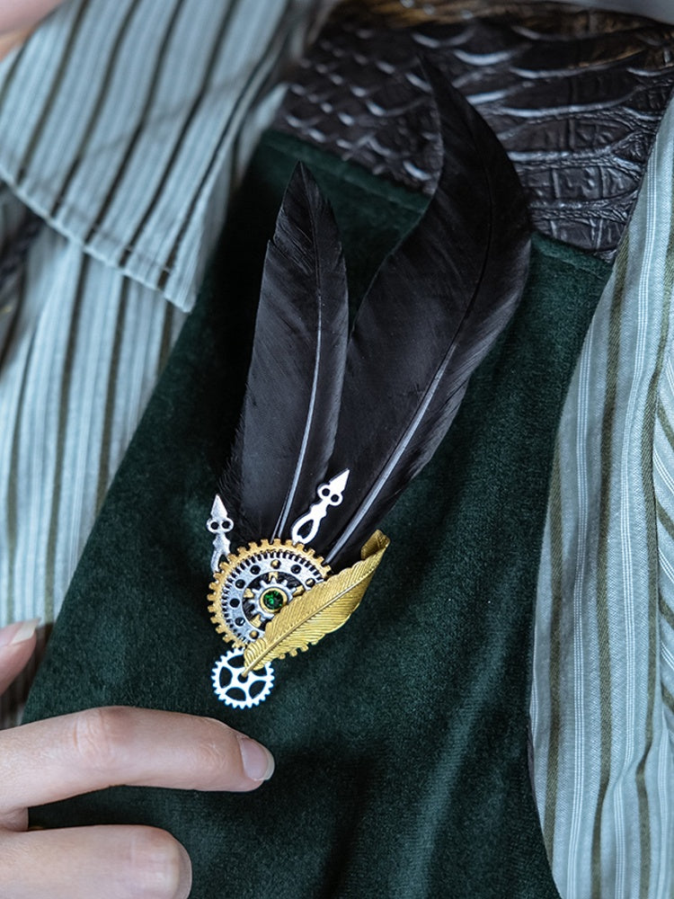 Brooch Decorated Black Gear Steampunk Rhinestone Feather Design Green