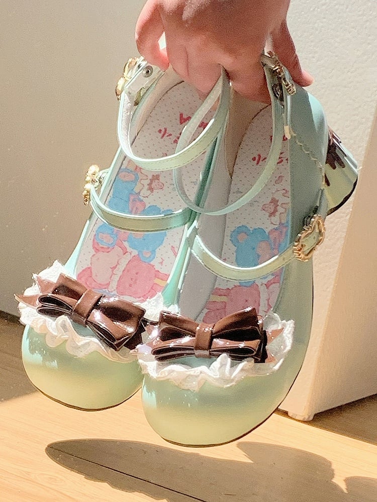 in PU Design Mid-heel Toe Round Shoes Green Brown Sweet Lolita with