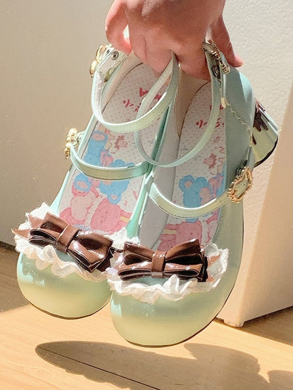 in PU Design Mid-heel Toe Round Shoes Green Brown Sweet Lolita with