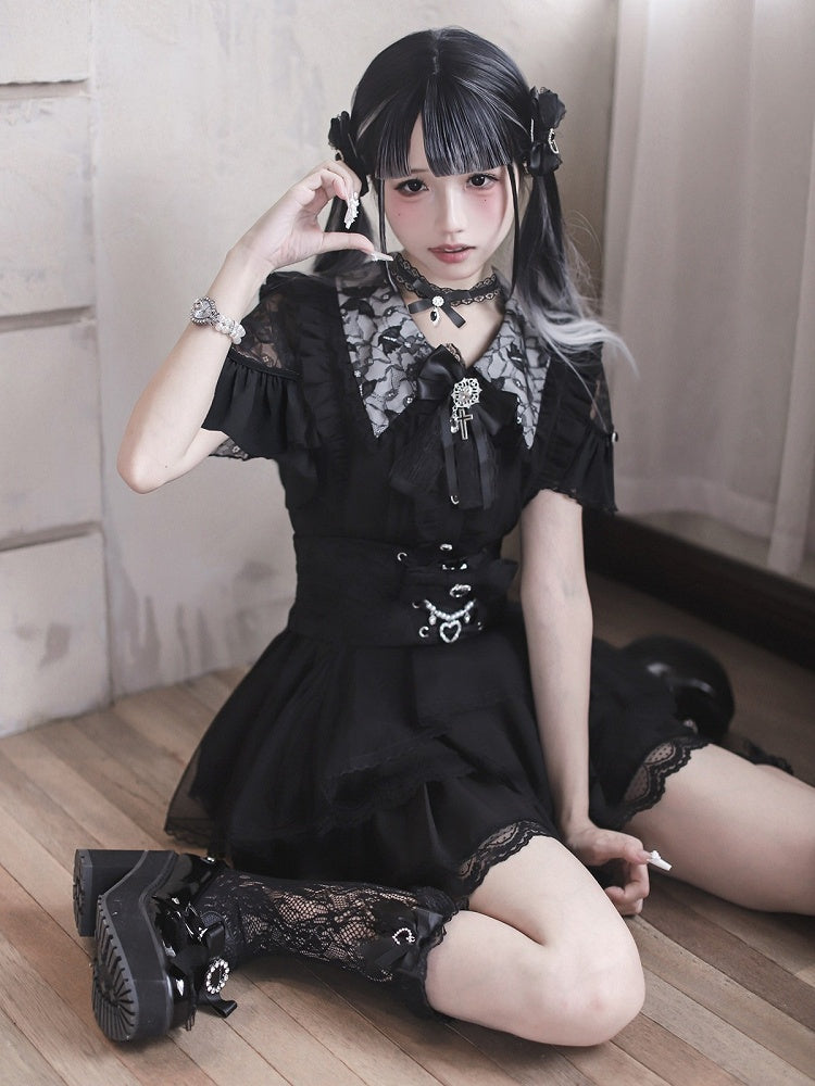 Jirai Kei Black Lace Cutout Shoulder Short Sleeve Blouse with Ruffle Details - Ekomi