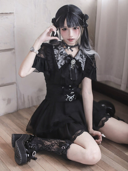 Jirai Kei Black Lace Cutout Shoulder Short Sleeve Blouse with Ruffle Details - Ekomi
