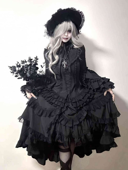 Ruffle Aristocrat Gothic Black Drawstring Layered Lolita High-low Skirt