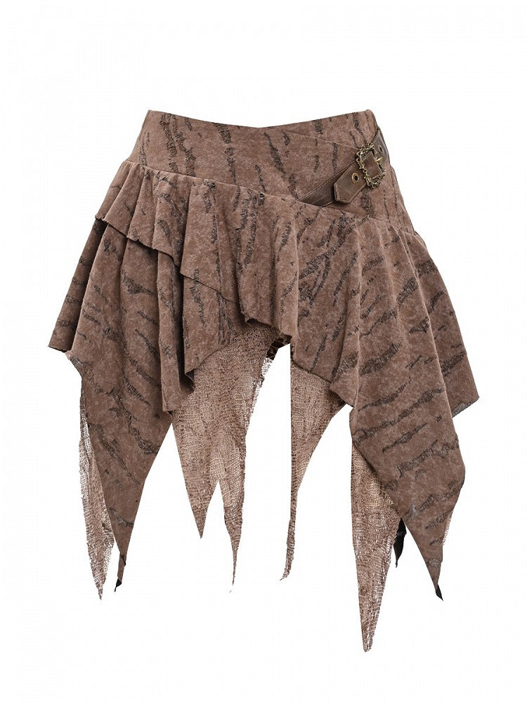Strap Distressed Coffee Hem with Handkerchief Mini Punk Skirt Buckle PU