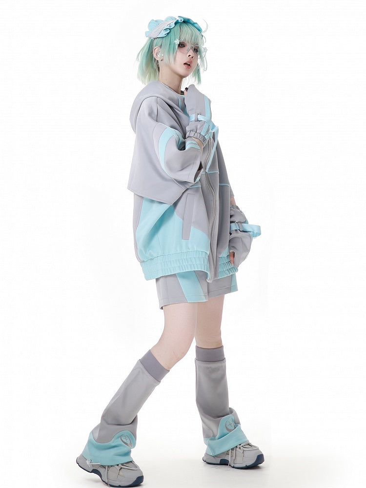 Hoodie Green and Gray Jirai Kei Techwear Straps Design Short Zipper Sleeves