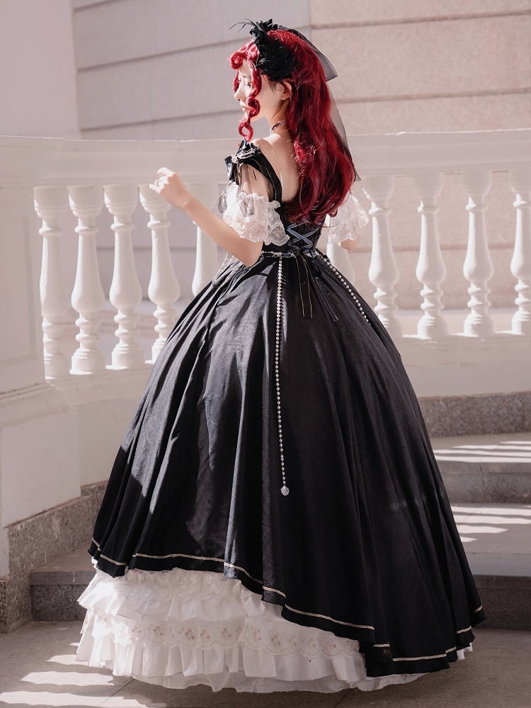 Black and White Boned Corset Bodice Gorgeous Long Train Lolita Dress Full Set