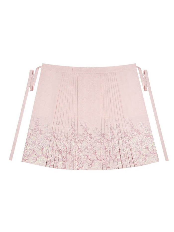 Pink Long Mamian Skirt with Floral Pattern Details - Yimu Walnut