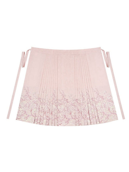 Pink Long Mamian Skirt with Floral Pattern Details - Yimu Walnut
