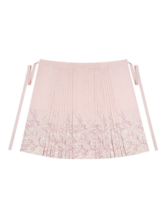 Pink Long Mamian Skirt with Floral Pattern Details - Yimu Walnut