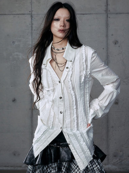 Pleats White Wasteland Blouse Punk Pintuck Distressed with V-Neck