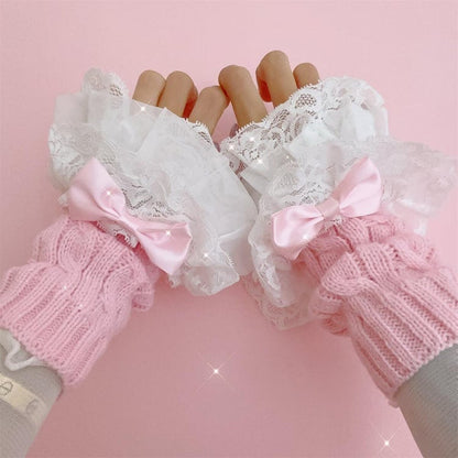 Rosa/Weiß/Schwarz Spitzenbesatz Schleife Gestrickte Abgesetzte Ärmel