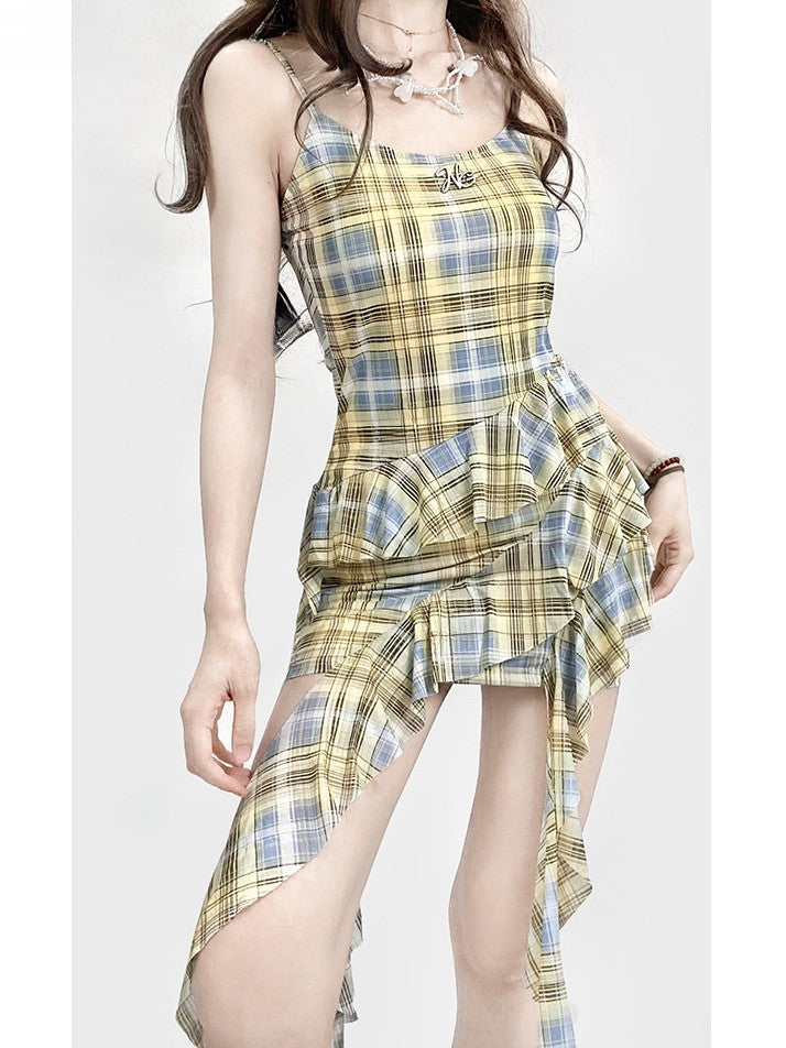 Y2K Cami Plaid Hem Asymmetrical Yellow Glamorous Dress Pattern