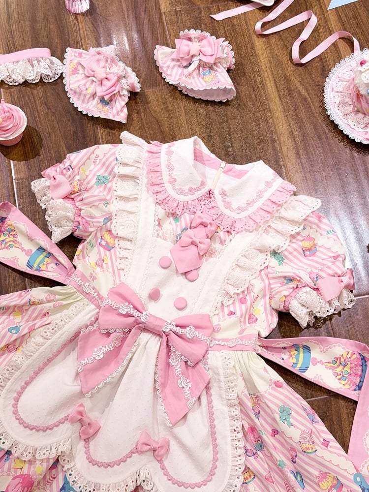 and White Collar Pan Pink Lolita Peter Bunny Cupcake Dress Print Maid