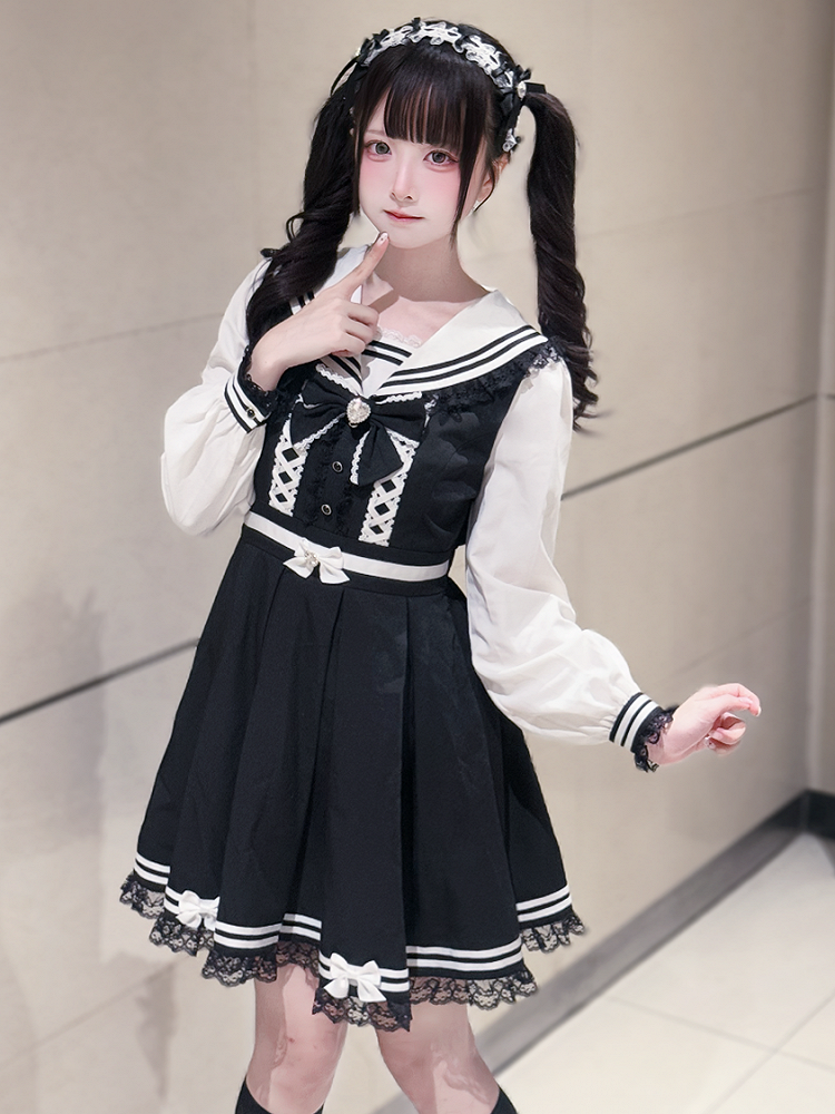 Jirai Bunny-Ear Lace Sailor with Dress White Long and Dress: Trim Kawaii Black Kei Collar Sleeve