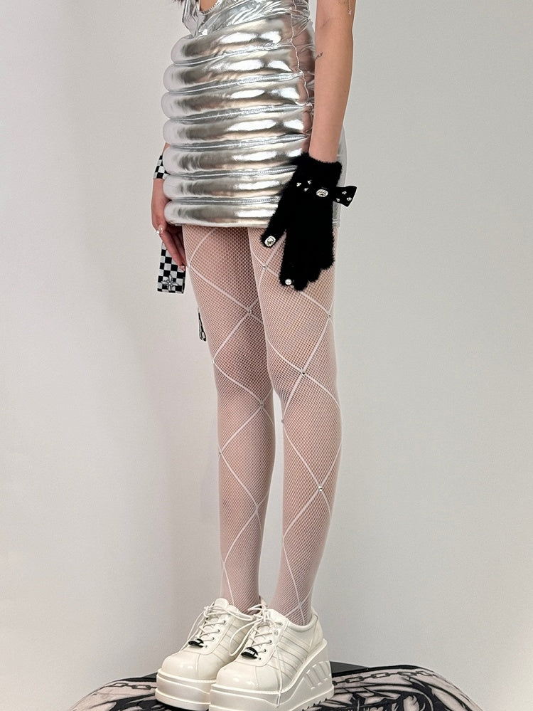 Crisscorss Banded Rhinestone Decorated Black/White/Red Tights