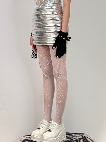 Crisscorss Banded Rhinestone Decorated Black/White/Red Tights