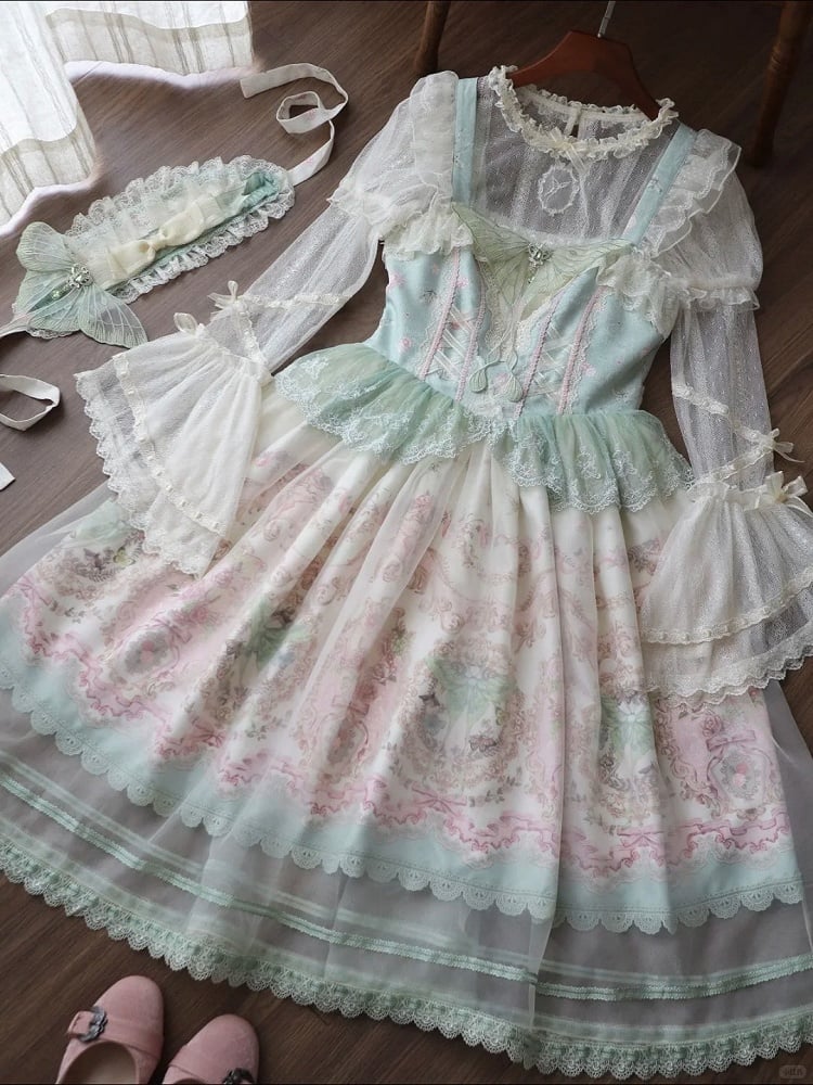 JSK Moth and with Green Pink Overlay Print Floral Dress Lolita Elegant