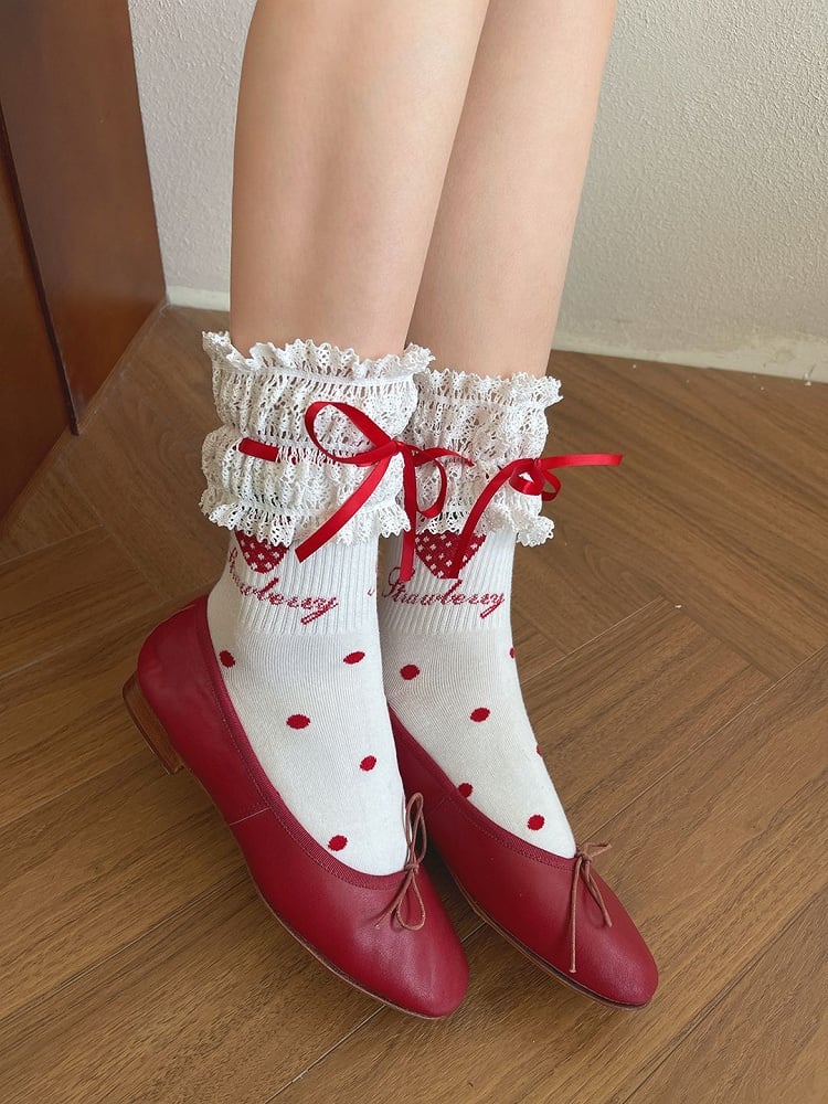 Erdbeerdetails Spitzensocken Süße weiße/schwarze Borte Schleife Kalbsleder