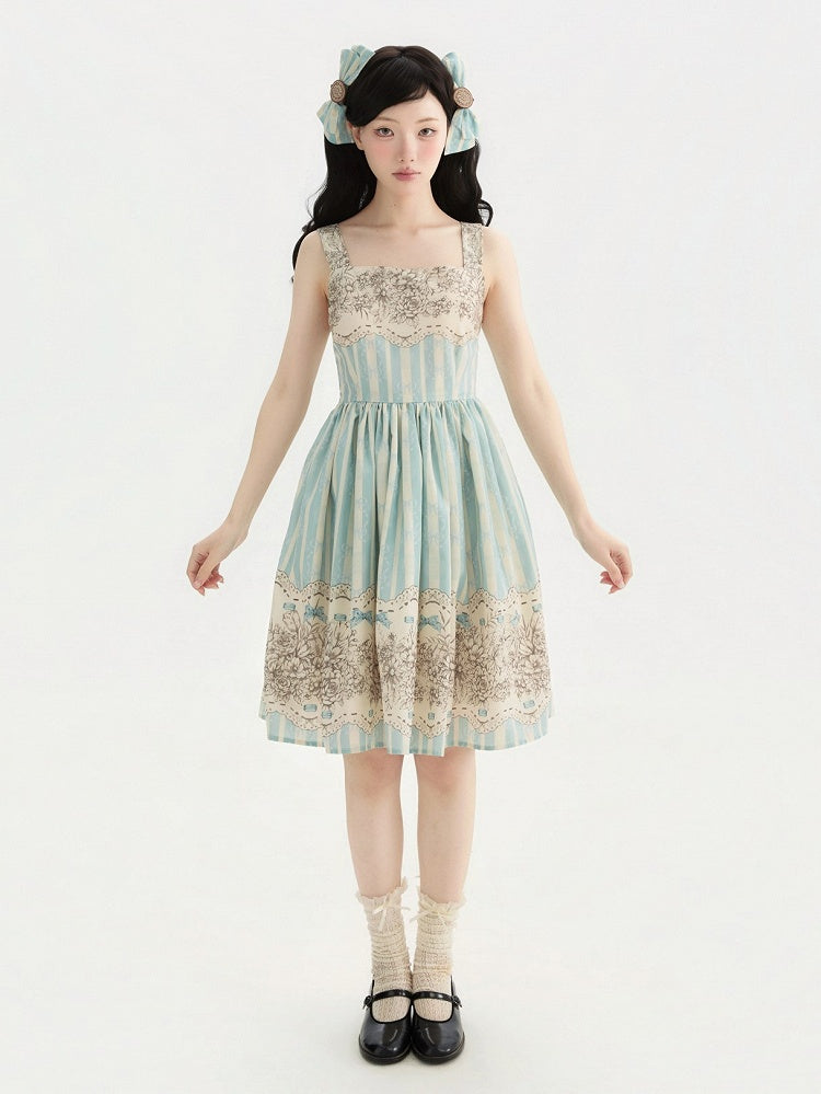Clock Print and Short Blue Version Lolita Classic Floral Skirt Jumper
