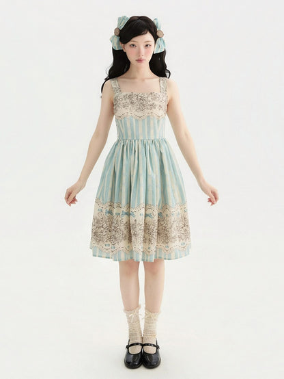 Clock Print and Short Blue Version Lolita Classic Floral Skirt Jumper