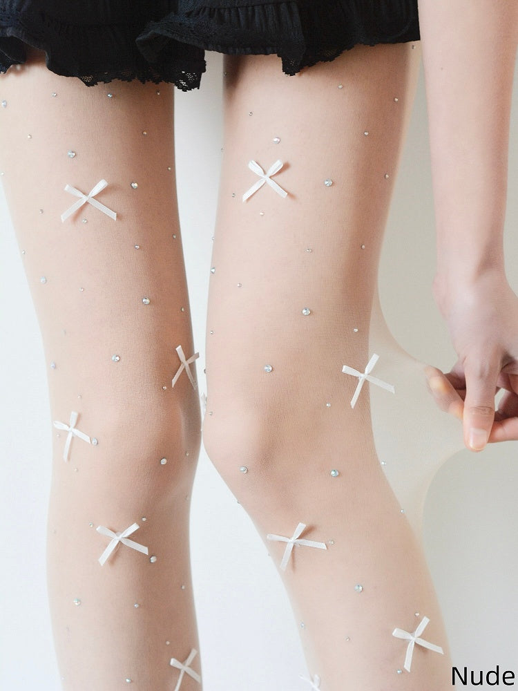 White Nude/White Decoration Tights Rhinestone and Sheer Bowknot with