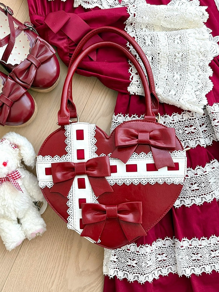 Lolita-Stil Kreuz Linear Details Bowknot mit und Hand Design Abstrakte Rote Tasche Herzförmig
