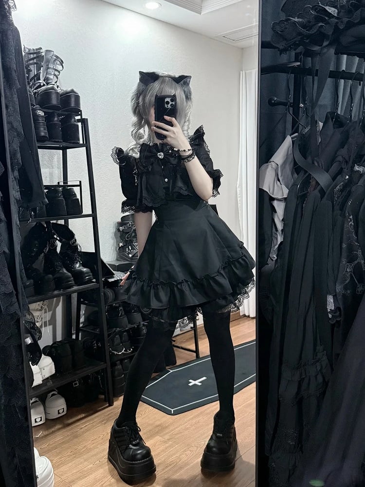 Ruffled Lace Short-Sleeve Matching Bow Black Tie Kei Dress Shorts Set + Jirai
