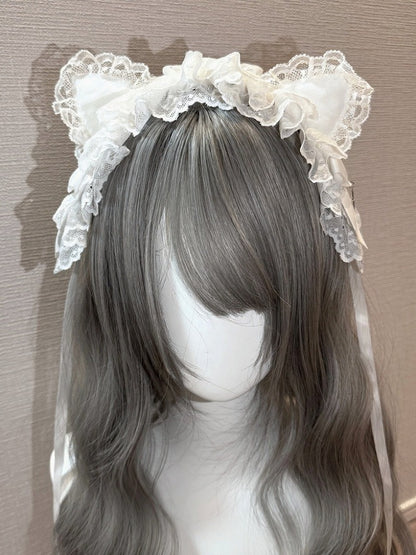 Lace Lolita Hairband with Cat Ear Design in White and Black - Magic Diary