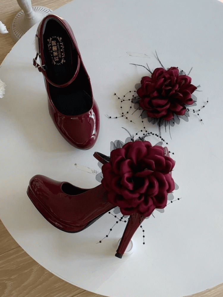 Red Accents for Classic Heel Wine Removable Mary - Lolita Flower Featuring High Janes