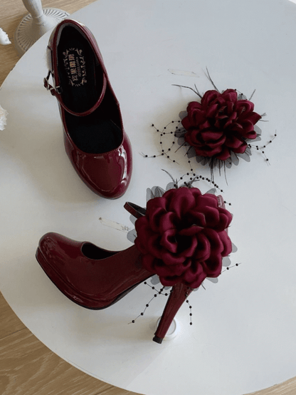 Red Accents for Classic Heel Wine Removable Mary - Lolita Flower Featuring High Janes