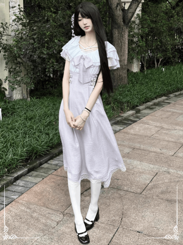 Hem Neckline Long with Version Dress Bowtie Jirai Kei Lavender Heart Buckles Waist Tiered Flounce