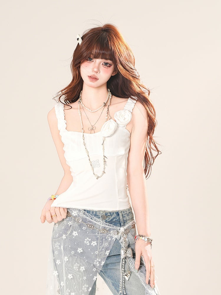 ホワイト/ブラック ノースリーブ トップス スクエアネック 花柄装飾