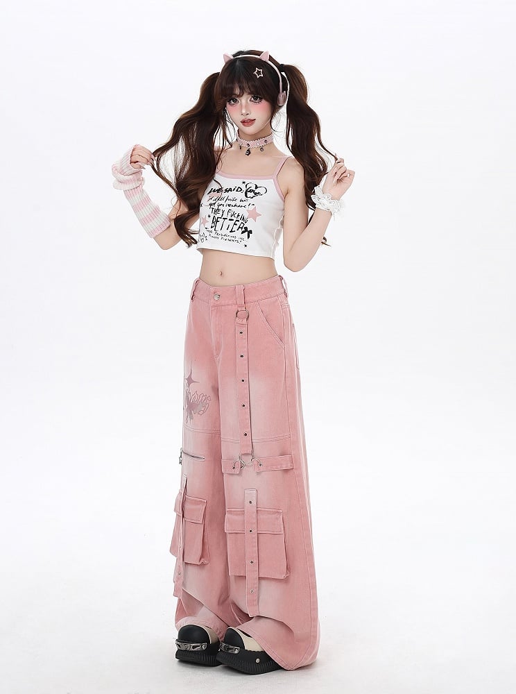 Print Wide-Leg Cargo Jeans Pink Butterfly Strap Details Vintage