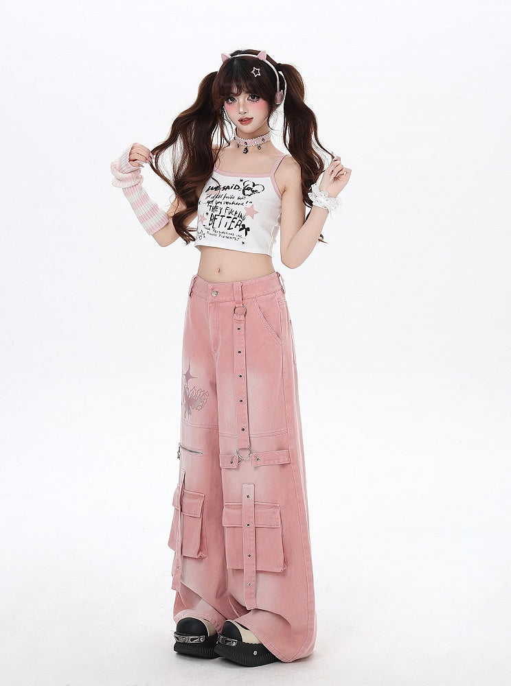 Print Strap Details Vintage Jeans Wide-Leg Cargo Pink Butterfly