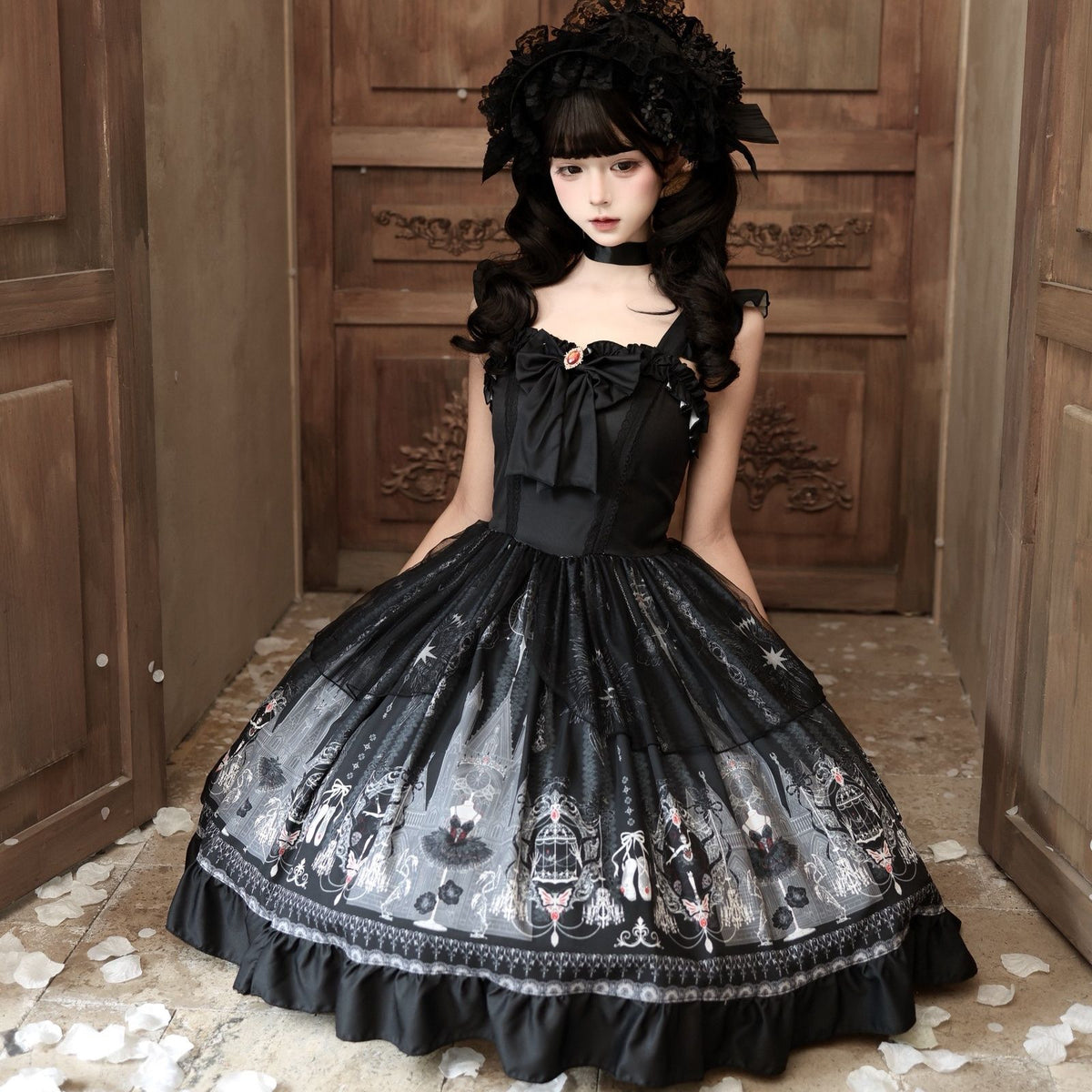 Black Midnight Ballet JSK front view showing skirt print and jeweled bow
