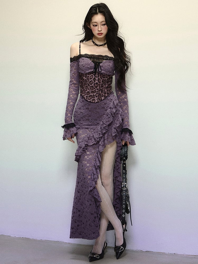 Purple Leopard Corset Bodice High Slit Flounce Hem Mermaid Skirt Off Shoulder Lace Dress Evening Gown