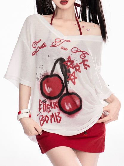 ホワイトVネックチェリープリントセミシアーカバーアップ