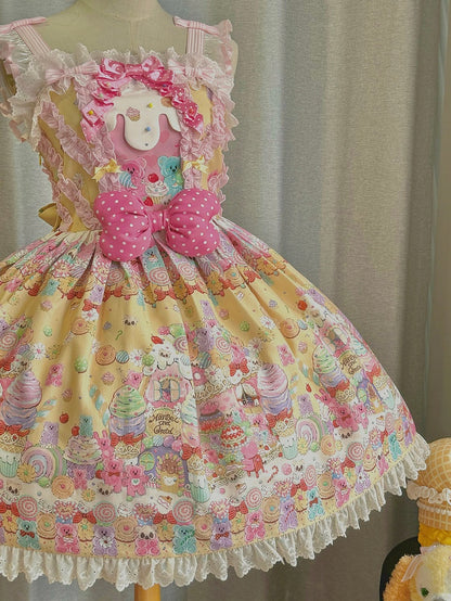 Lolita Desserts – Gelber Pulloverrock mit süßem Gummibärchen- und Bären-Print
