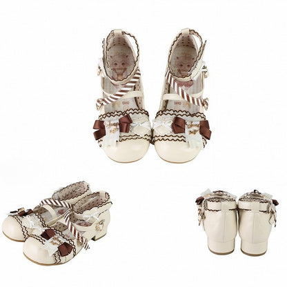 - Beige PU Lolita Mary Accents Sweet Janes Bow Low-heel