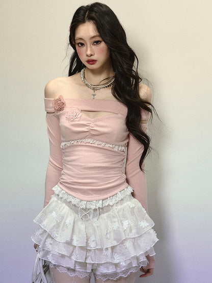 Pink Floral Design Off-the-shoulder Neckline Knit Top with Cutout Detail