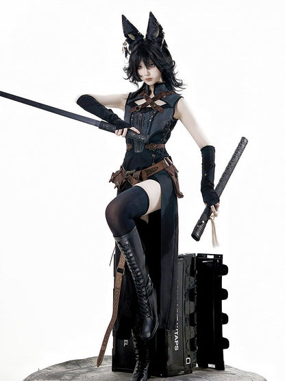 Side Collar and Buckle Straps Dress Sleeveless Banded Black Gray Crisscross Slit