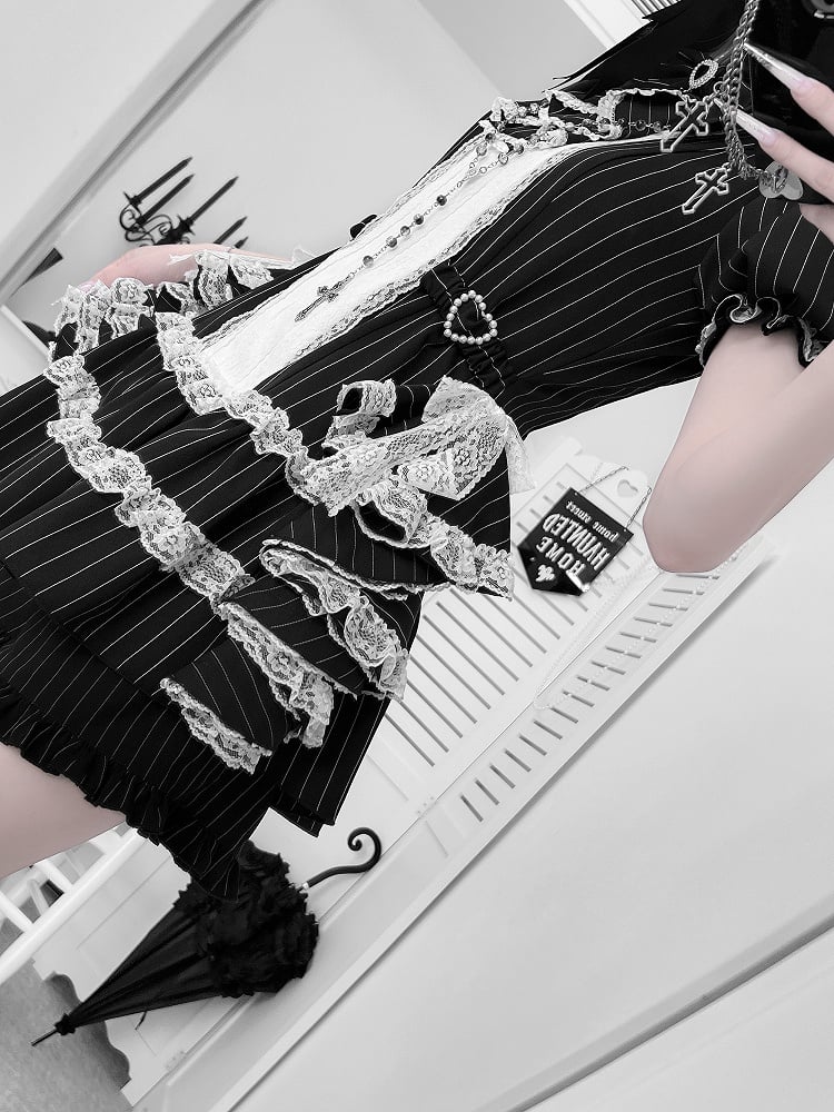 Puffy Jirai Set: Side Striped Design Train Gothic Elegant Dress Black with Sleeve Kei Draped