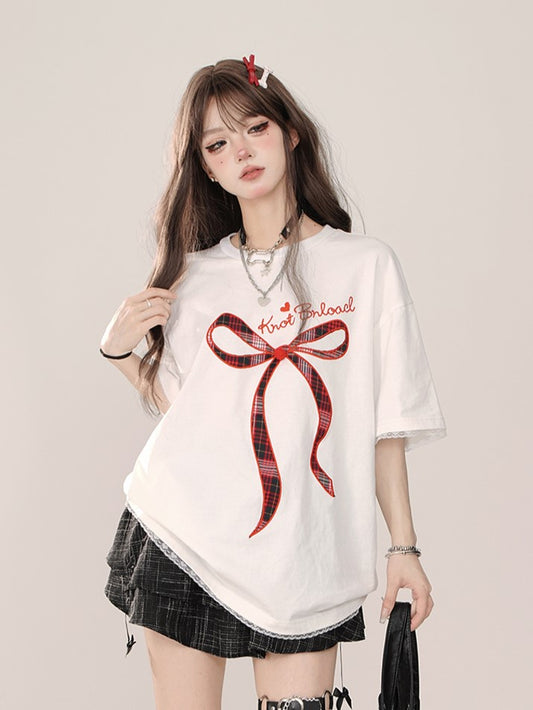 Embroidery Plaid White Oversized Lace Bow Details and T-shirt: