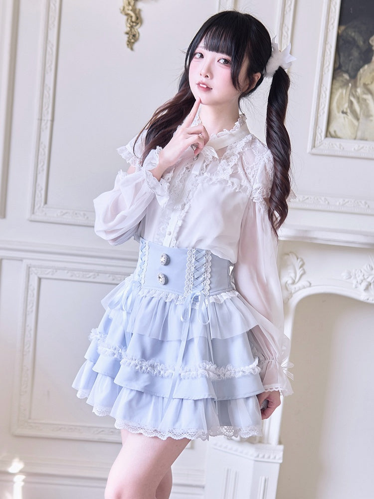 Rhinestone Embellishments Blue Jirai Kei Light Tiered Skirt with Lace-up High Waist