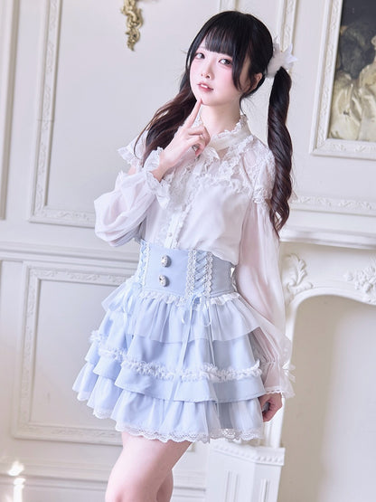 Rhinestone Embellishments Blue Jirai Kei Light Tiered Skirt with Lace-up High Waist