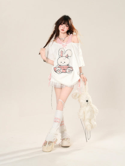 T-Shirt Muster Entzückende Ausschnitt Schulter Kordelzug Taille Bunny Weiß Lose